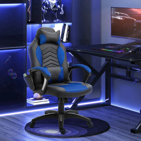 Rootz Gaming Chair - Office Chair - Massage Chair - Heat Function - 6 Vibration Points - Blue/Black