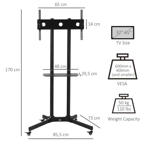 Rootz TV Stand - Mobile TV Stand With Wheels - Flat Screen TV Stand - Office - Classroom - Bedroom - 85.5 cm x 73 cm x 170 cm