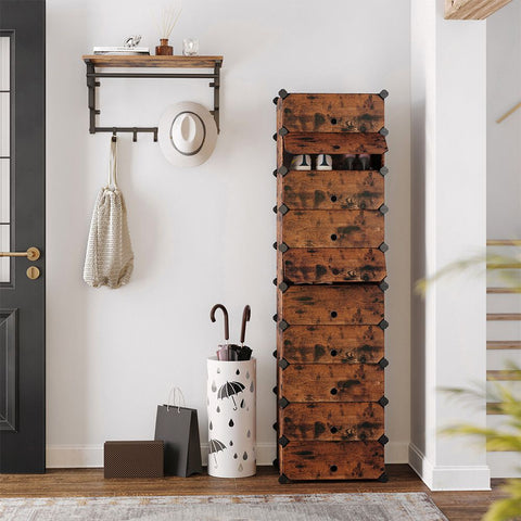 Rootz Shelving System - Reksysteem met 10 vakken - Wandreksysteem - Verstelbaar reksysteem - Industrieel reksysteem - Hoekreksysteem - Boekenreksysteem - Bruin - 43 x 31 x 173 cm (L x B x H)