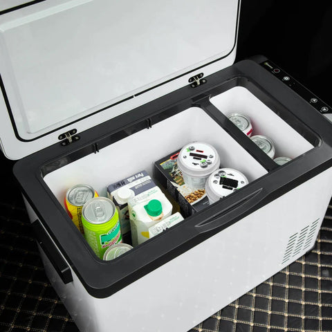 Rootz Car Cooler Box - 30L with LCD Display - Compressor - Car Fridge - Electric Boat Camper - Travel - 12/24V DC and 110-240V AC - White - 61L x 32W x 40H cm