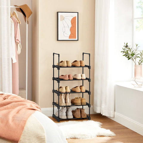 Rootz Shoe Rack - Shoe Rack With 5 Shelves - Large Shoe Rack - Shoe Organizer - Shoe Storage Rack - Shoe Display Rack - Metal Tubes/plastic Connectors - Black - 45 x 30 x 89.5 cm
