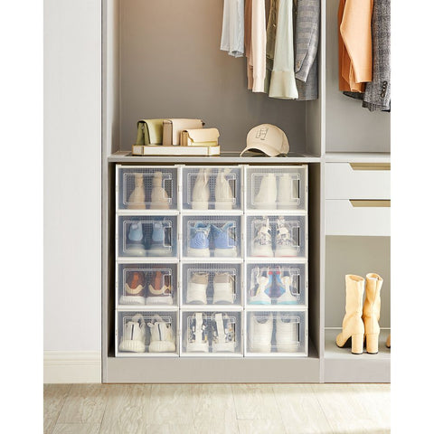 Rootz schoenendoos - set van 12 schoenendozen - doorzichtige schoenendozen - plastic schoenendozen - schoenendisplaydozen - reisschoenendozen - voor schoenen tot maat 46 - transparant wit - 35 x 25,0 x 18,5 cm
