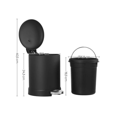 Rootz Trash Can With Black Inner Bucket - Trash Bin - Soft Close Function - Kitchen Garbage Bin - Compact Garbage Bin - Steel - Black - 16.8 x 24.2 x 24.3 cm (L x W x H)