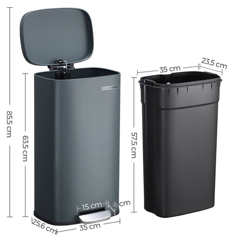 Rootz Trash Can - Trash Bin - With Soft Close Function - Kitchen Trash Bin - Waste Bin - Stylish Kitchen Rubbish Bin - Easy-to-clean Kitchen Rubbish - Steel - Plastic - Smoke Gray - 35 x 25.5 x 63.5 cm (L x W x H)