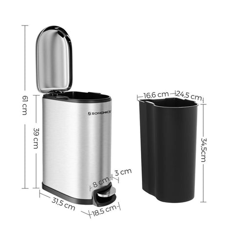 Rootz Trash Can - Trash Bin - Narrow Trash Can With Foot Pedal - Kitchen Trash Bin - Waste Bin - Stylish Kitchen Rubbish Bin - Steel - Plastic - Silver - 18.7 x 27.3 x 40.1 cm (L x W x H)