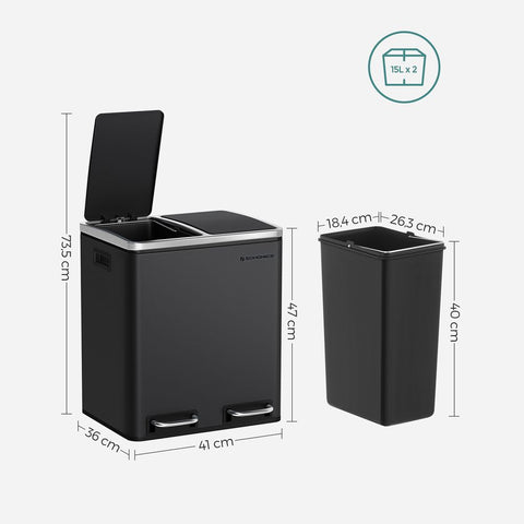 Rootz Prullenbak - Prullenbak - Prullenbak 30 L - Prullenbak - Prullenbak Keuken - Prullenbak Badkamer - Prullenbak Kantoor - Zwart - 41 x 36 x (47-73,5) cm