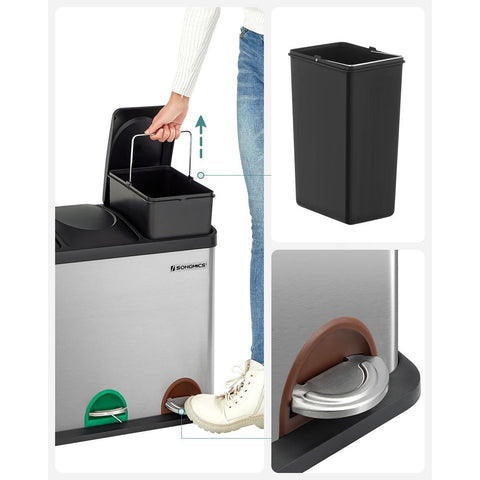 Rootz Trash Can - Large Waste Separator - Compartment Trash Can - Kitchen Trash Can - Trash Bin - Trash Container - Green-Yellow Grey/Black - 60 x 48 x 33 cm (W x H x D)