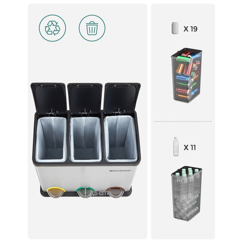 Rootz Trash Can - Large Waste Separator - Compartment Trash Can - Kitchen Trash Can - Trash Bin - Trash Container - Green-Yellow Grey/Black - 60 x 48 x 33 cm (W x H x D)