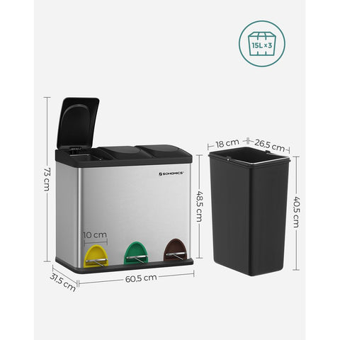Rootz Trash Can - Large Waste Separator - Compartment Trash Can - Kitchen Trash Can - Trash Bin - Trash Container - Green-Yellow Grey/Black - 60 x 48 x 33 cm (W x H x D)