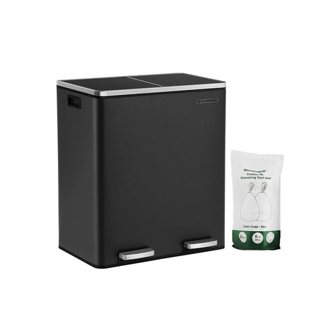 Rootz Trash Can - Trash Bin - Pedal Bin With 2 Compartments - Waste Separation System - With Foot Pedal - 2 Inner Bins - Kitchen Trash Can - Steel - Plastic - Black - 58.6 x 32 x 65 cm (L x W x H）