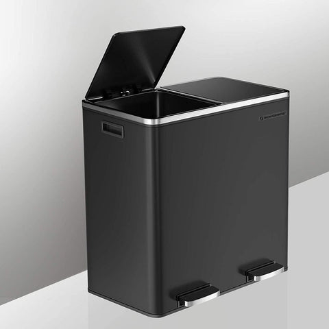 Rootz Trash Can - Trash Bin - Pedal Bin With 2 Compartments - Waste Separation System - With Foot Pedal - 2 Inner Bins - Kitchen Trash Can - Steel - Plastic - Black - 58.6 x 32 x 65 cm (L x W x H）