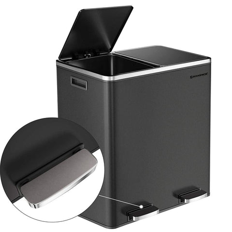 Rootz Trash Can - Trash Bin - Pedal Bin With 2 Compartments - Waste Separation System - With Foot Pedal - 2 Inner Bins - Kitchen Trash Can - Steel - Plastic - Black - 58.6 x 32 x 65 cm (L x W x H）