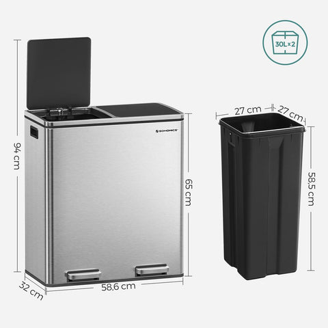 Rootz Trash Can - Soft Close Function - Ideal Waste Container - Bathroom Trash - Perfect Design - High-quality - Inner Bucket - 60 liters - Stainless Steel - Silver-Black - 58.6 x 32 x 65 cm