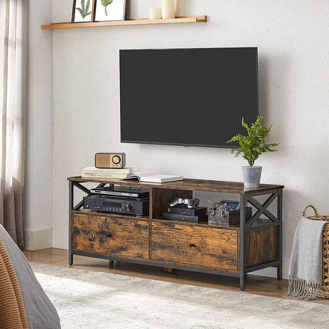 Rootz TV-Ständer – Medienkonsole – moderner TV-Ständer – Eck-TV-Ständer – TV-Tisch – Spanplatte/Stahl – Vintage-Braun-Schwarz – 120 x 40 x 50 cm
