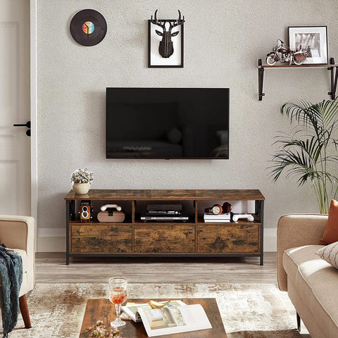 Rootz TV Cabinet - Industrial Style TV Cabinet - With 3 Drawers - TV Stand - TV Console - Wooden TV Cabinet - Industrial TV Cabinet - Chipboard - Steel - Brown-black - 147 x 40 x 50 cm (L x W x H)