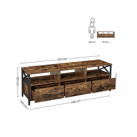 Rootz TV Cabinet - Industrial Style TV Cabinet - With 3 Drawers - TV Stand - TV Console - Wooden TV Cabinet - Industrial TV Cabinet - Chipboard - Steel - Brown-black - 147 x 40 x 50 cm (L x W x H)