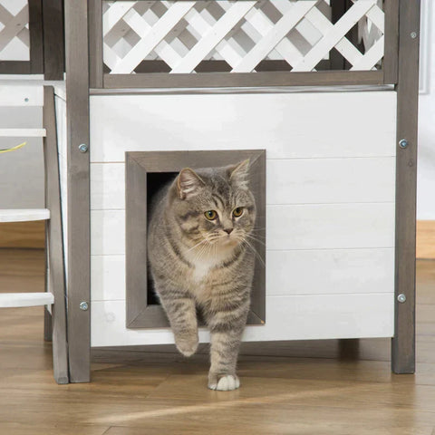 Rootz Cat House - Small Animal House - Cat Cave - With Terrace And Stairs - Weatherproof Winterproof - Fir Wood - White - 77 x 50 x 73 cm