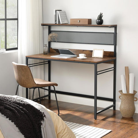 Rootz Schreibtisch – Schreibtisch mit Regalebene – Bürotisch – Computertisch – Schreibtisch – Chefschreibtisch – Holzschreibtisch – Spanplatte – Stahl – Braun-Schwarz – 120 x 60 x 125,5 cm (L x B x H)