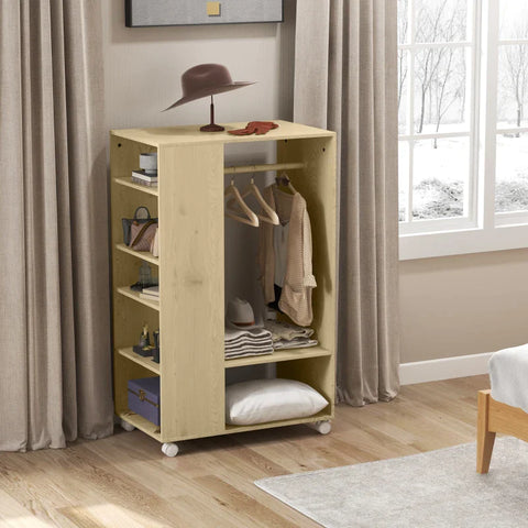 Rootz Kapstok - Kapstok - 1 Kledingroede - 5 Planken - Elegant Design - 1 Schoenenrek - Gemakkelijk schoon te maken - 4 Wielen - Spaanplaat - Naturel - 80L x 50B x ​​129Hcm