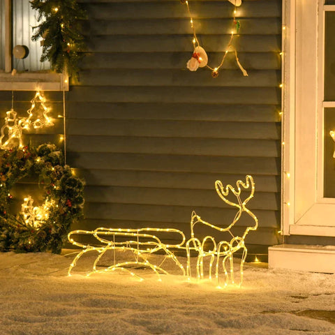 Rootz Motif Lamp - LED Motif Light - Motif Lamp With Sleigh And Reindeer - White - 103L x 21.5W x 44H cm