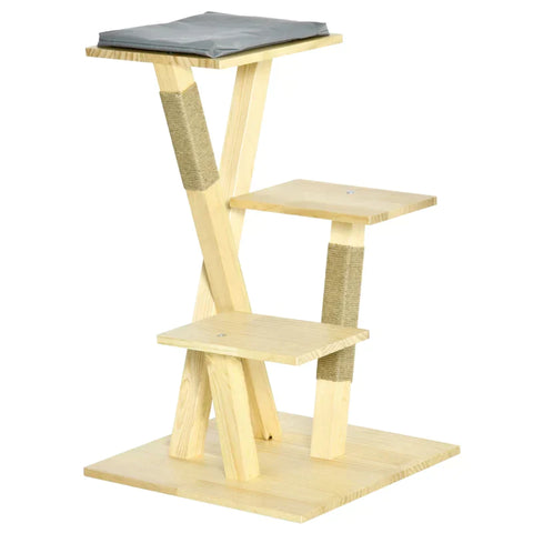 Rootz krabpaal - houten krabpaal - krabpaal - klimboom met jute - kattenmeubel - krabplank met kussen - 3 plateaus - stabiel kattenspeelgoed - naturel - 48 x 48 x 78 cm