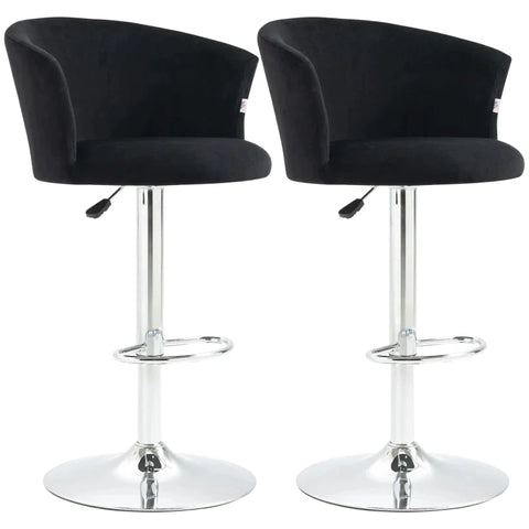 Rootz Bar Stool - Set Of 2 Bar Stool - Velvet Look - Height Adjustable - 360 Degrees Rotatable - Black + Silver - 58cm x 58cm x 108cm
