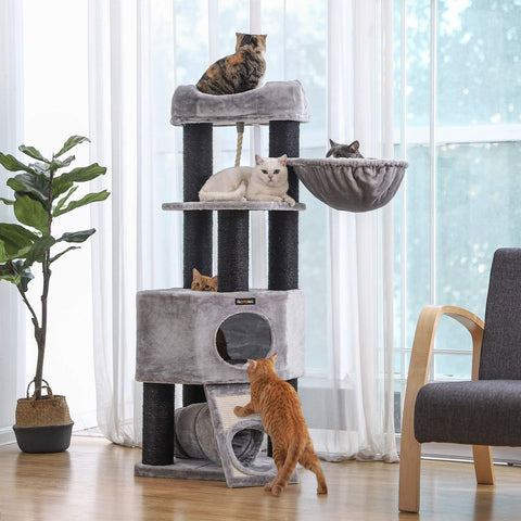 Rootz Cat Trees House - Double Floor - Change Direction - scratching post - thick trunks - Viewing Platform - Space-saving Cat - Carb Certified Chipboard Plush-sisal - Light Gray - 50 x 50 x 141 cm