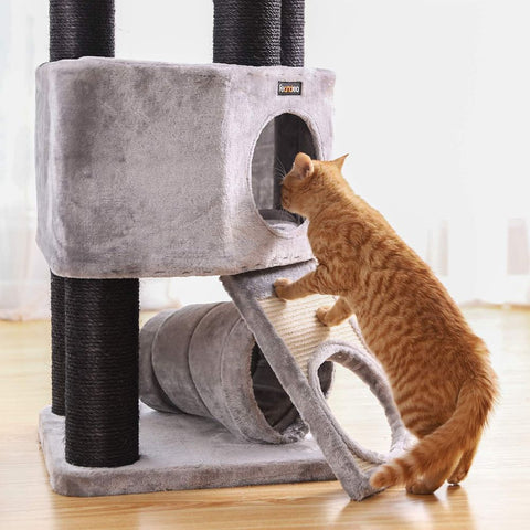 Rootz Cat Trees House - Double Floor - Change Direction - scratching post - thick trunks - Viewing Platform - Space-saving Cat - Carb Certified Chipboard Plush-sisal - Light Gray - 50 x 50 x 141 cm