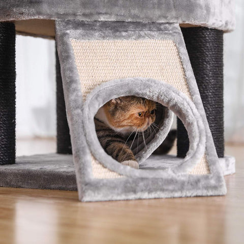 Rootz Cat Trees House - Double Floor - Change Direction - scratching post - thick trunks - Viewing Platform - Space-saving Cat - Carb Certified Chipboard Plush-sisal - Light Gray - 50 x 50 x 141 cm