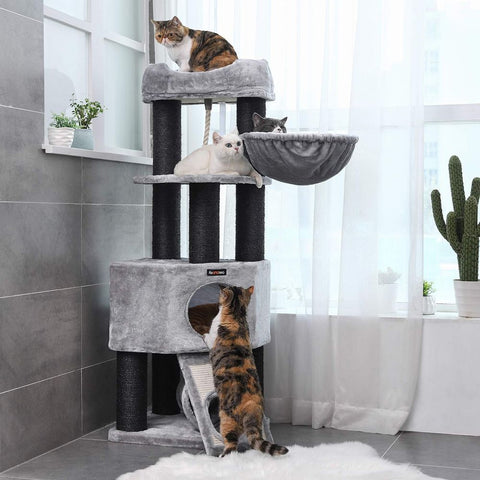 Rootz Cat Trees House - Double Floor - Change Direction - scratching post - thick trunks - Viewing Platform - Space-saving Cat - Carb Certified Chipboard Plush-sisal - Light Gray - 50 x 50 x 141 cm