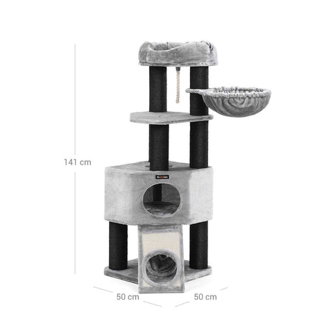 Rootz Cat Trees House - Double Floor - Change Direction - scratching post - thick trunks - Viewing Platform - Space-saving Cat - Carb Certified Chipboard Plush-sisal - Light Gray - 50 x 50 x 141 cm