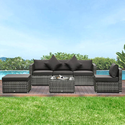 Rootz 6-piece Sofa Set - Corner Chairs - Single Armchairs - Stool - Coffee Table - PE Rattan - Freely Combinable - Grey - 68L x 68D x 64H cm