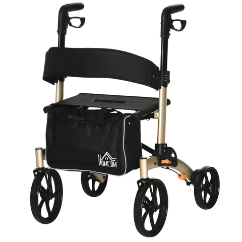 Rootz Rollator Met Stoel - Opvouwbare Walker - Loophulp Voor Senioren Met 4 Wielen - Opbergruimte - In Hoogte Verstelbare Rem - Lichtgewicht - Aluminium - Goud + Grijs - 67 x 64 x 80-92 cm