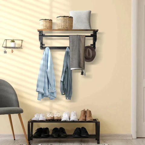 Rootz Wall Shelf - Floating Wall Shelf - Industrial-Style Floating Wall Shelf - With Hooks - Steel/Wood - Brown/Black - 66 x 30 x 27 cm