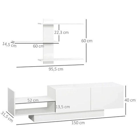 Rootz TV Bench - TV Dresser - With Wall Shelf - Side Shelf - Storage Compartments - With Flap Doors - Chipboard - White - 150 x 31.5 x 40cm