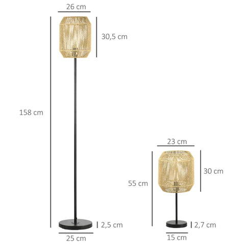 Rootz Floor Lamp - Bedside Lamp - 2-Part Light Set - 1 Floor Lamp - 1 Table Lamp - Metal/Paper String - Natural/Black - 38cm x 38cm x 158cm