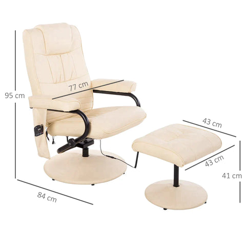 Rootz Relaxstoel - Massagestoel - Relaxligstoel Met Ligfunctie - TV-Stoel Met Massagefunctie - Inclusief Kruk - Imitatieleer - Creme Wit - 77 x 84 x 95 cm