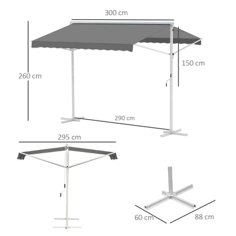 Rootz Awning - Stand Awning - Garden Awning - Folding Arm Crank - Grey - 3x3m