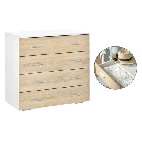 Rootz Drawer Cabinet -  Bathroom Cabinet - Chest Of Drawers With 4 Drawers - Bedroom - Living Room - White/Oak - 76 x 35 x 72 cm