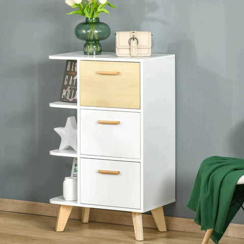 Rootz Storage Cabinet - Sideboard Chest Of Drawers Cabinet With 3 Open Shelves Drawers - Multi-purpose Cabinet For Living Room Bedroom - White + Natural - 60 x 40 x 100 cm