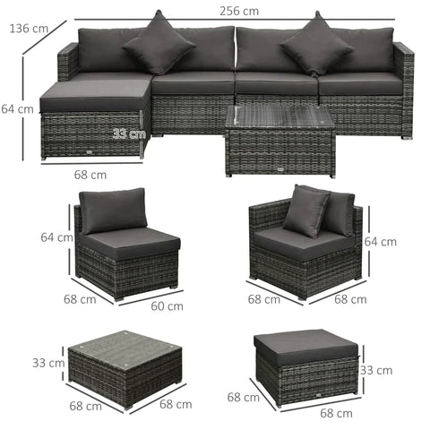 Rootz 6-piece Sofa Set - Corner Chairs - Single Armchairs - Stool - Coffee Table - PE Rattan - Freely Combinable - Grey - 68L x 68D x 64H cm