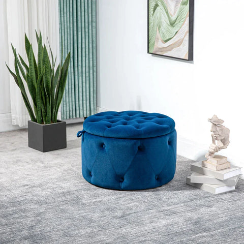 Rootz Stool - Round - With Storage Compartment - Quilted Design With Buttons - Cover In Velvet Look - Blue - 60 x 60 x 40cm