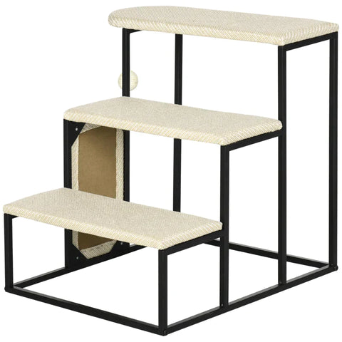 Rootz Cat Stairs - With Scratching Board - 3 Steps - Toy Ball - Robust - Steel + Sisal - Cream White + Black - 51 x 54 x 53 cm