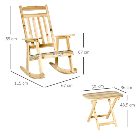 Rootz Rocking Chair - Side Table - 2-part Rocking Chair Set - Garden Chair With Armrests - High Backrest - Outdoor - Natural -115L x 67W x 89H cm