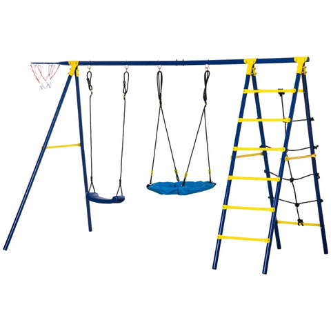 Rootz Kinderschaukel – Gartenschaukel mit Metallgestell – Netzschaukel – Schaukelgestell – Schaukelset – Doppelschaukel mit Kletterleiter – bis zu 4 Kinder von 3–10 Jahren – Blau – 285 x 138 x 175 cm