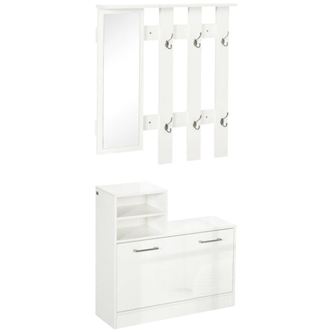 Rootz Wardrobe Set With Mirror - Shoe Cabinet - Bench - 6 Double Hooks - High-gloss Surface - High-gloss - White - 85L x 24W x 80H cm