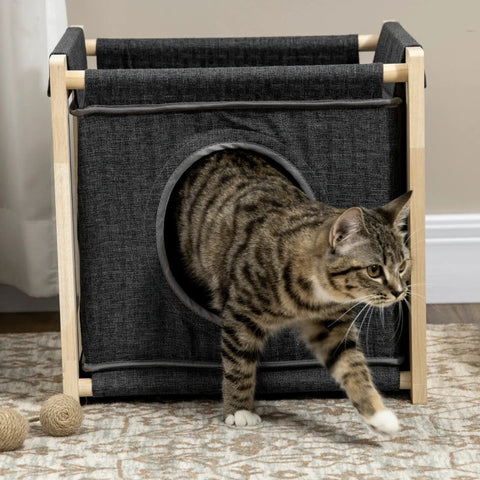Rootz Cat House - Cat Cave - 2 Tier Cat Cave - 1 Cushion - 1 Scratch Pad - Dark Gray/Natural - 40cm x 40cm x 40.5cm