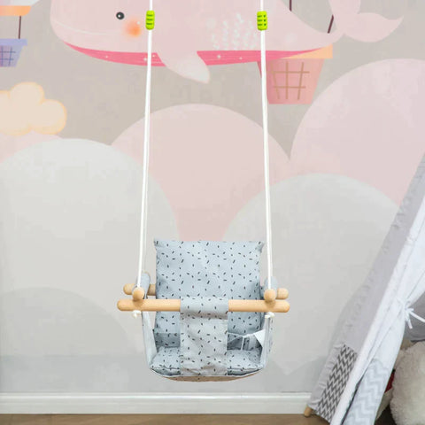 Rootz Kinderschaukel mit Sicherheitsgurtkissen – faltbare Babyschaukel – Kleinkindschaukel – Babysitz – Baumwolle – Pappelholz – Grau – 40 x 40 B x 180 H cm
