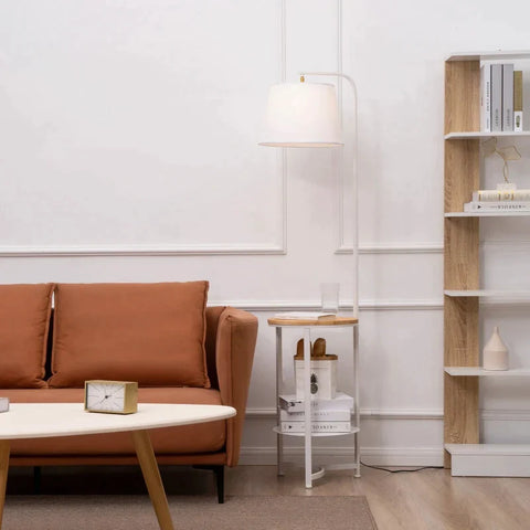 Rootz Floor Lamp - Floor Lamp With 2 Shelves - Indoor Lighting - E27 - Metal - MDF - Terylene Fabric - White - 38 cm x 36 cm x 162 cm