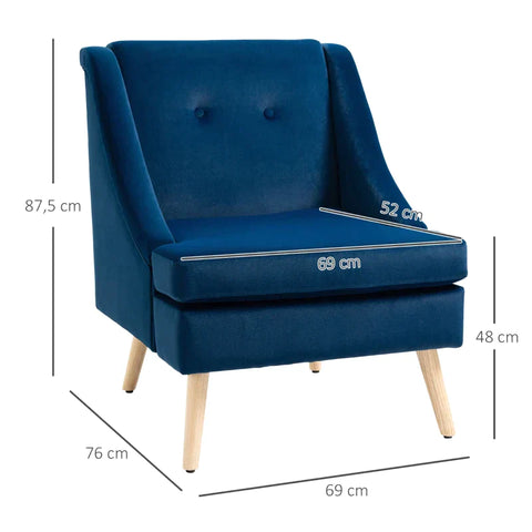 Rootz Armchair - Accent Armchair - Scandinavian Design - Velvet Look - Rubber Wood - Blue - 69L x 76W x 87.5H cm